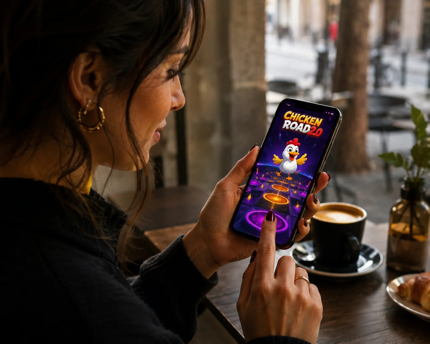 Usuaria en España jugando Chicken Road 2.0 desde móvil en una cafetería moderna